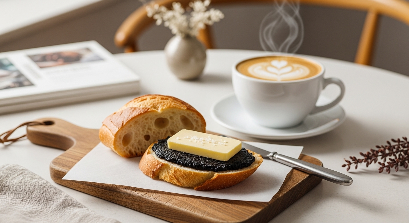 카페 테이블 위에 놓인 흑임자 소금 앙버터와 따뜻한 라떼. 고소하고 달콤 짭짤한 앙버터의 먹음직스러운 모습입니다.