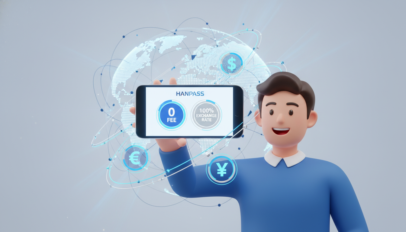 스마트폰으로 간편하게 한패스 수수료 0원 혜택을 받으며 해외송금하는 모습