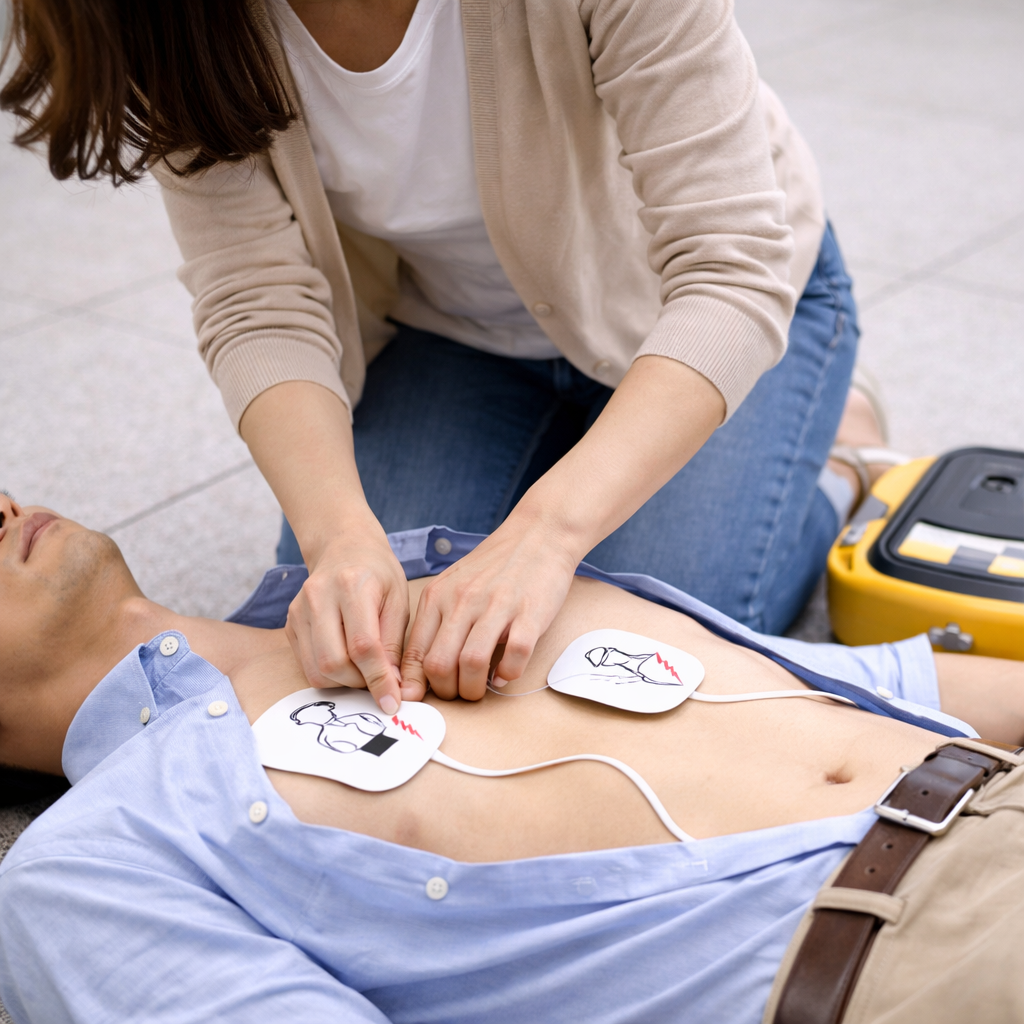 자동심장충격기(AED) 패드를 환자 가슴에 부착하는 응급처치 장면