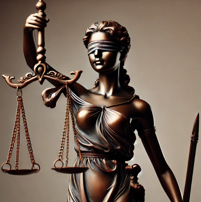 균형을 상징하며 천칭을 들고 눈을 가리고 있는 여신. 모든이는 법앞에 평등함으로 상징