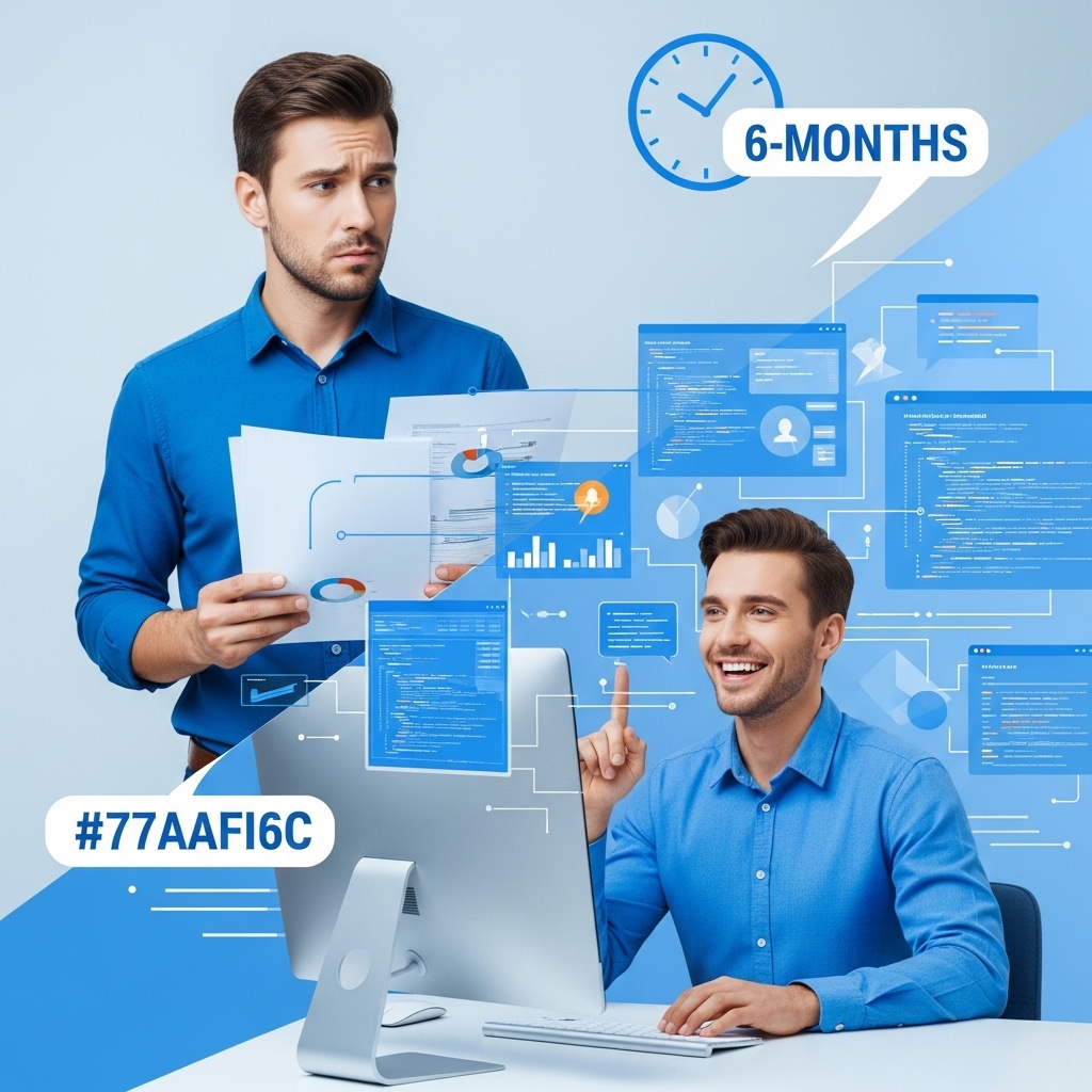 30대 비전공자가 6개월 만에 IT 개발자로 성공적으로 이직하는 과정을 시각화한 이미지, 희망찬 분위기