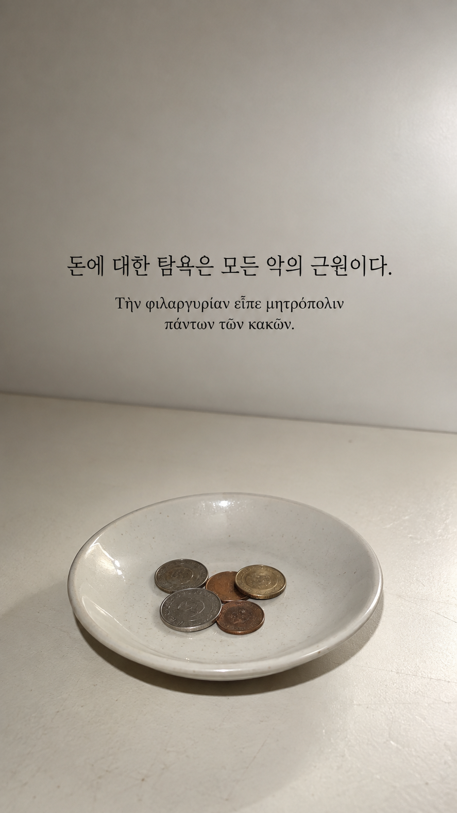 디오게네스 명언 16 돈에 대한 탐욕은 모든 악의 근원이다. 한글과 그리스어 원문이 담긴 세로 사진
