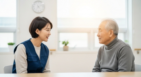 지역사회 봉사자가 고령층과 따뜻하게 대화하는 장면