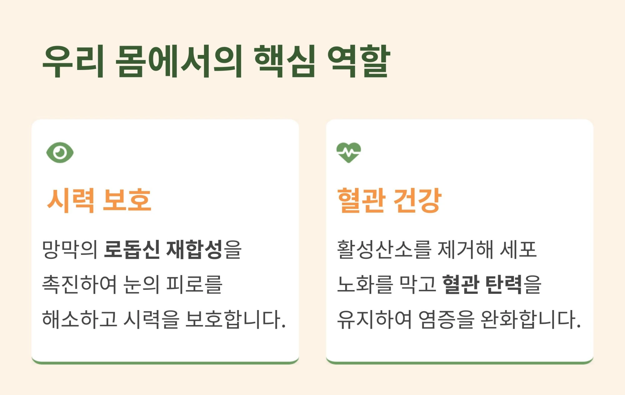 안토시아닌의 핵심 역할인 시력 보호와 혈관 건강 효능을 정리한 카드 뉴스 형태의 인포그래픽