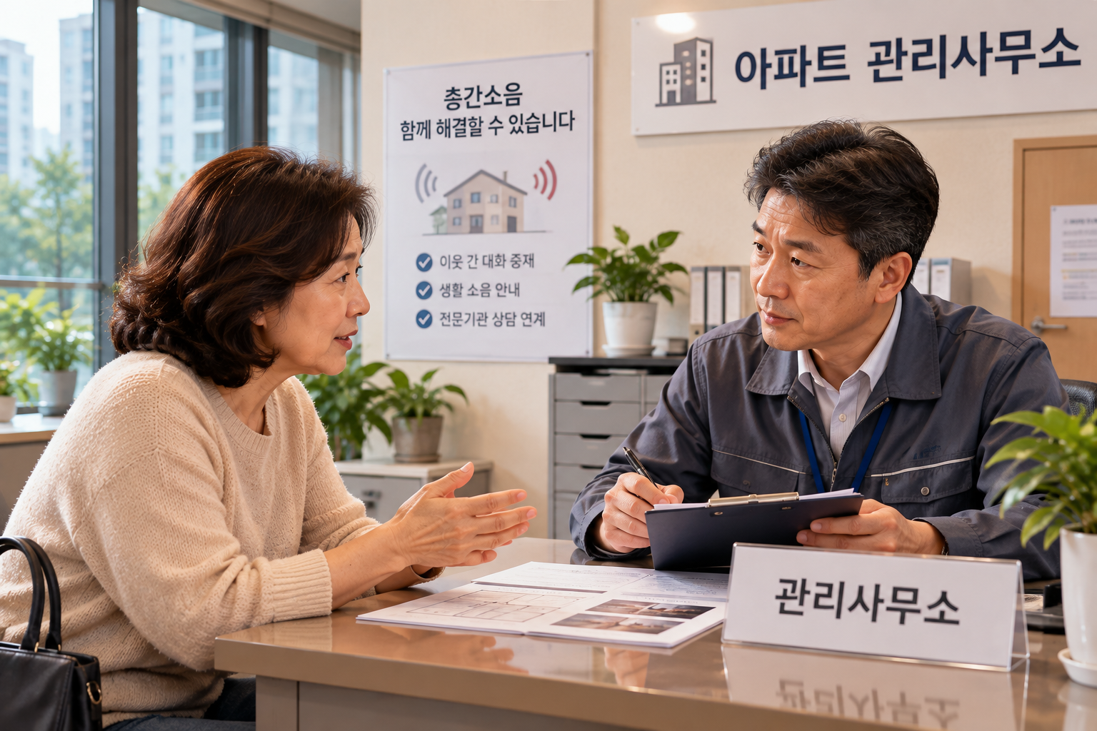 층간소음 문제 해결을 위해 아파트 관리사무소에서 직원과 상담하는 중장년 여성