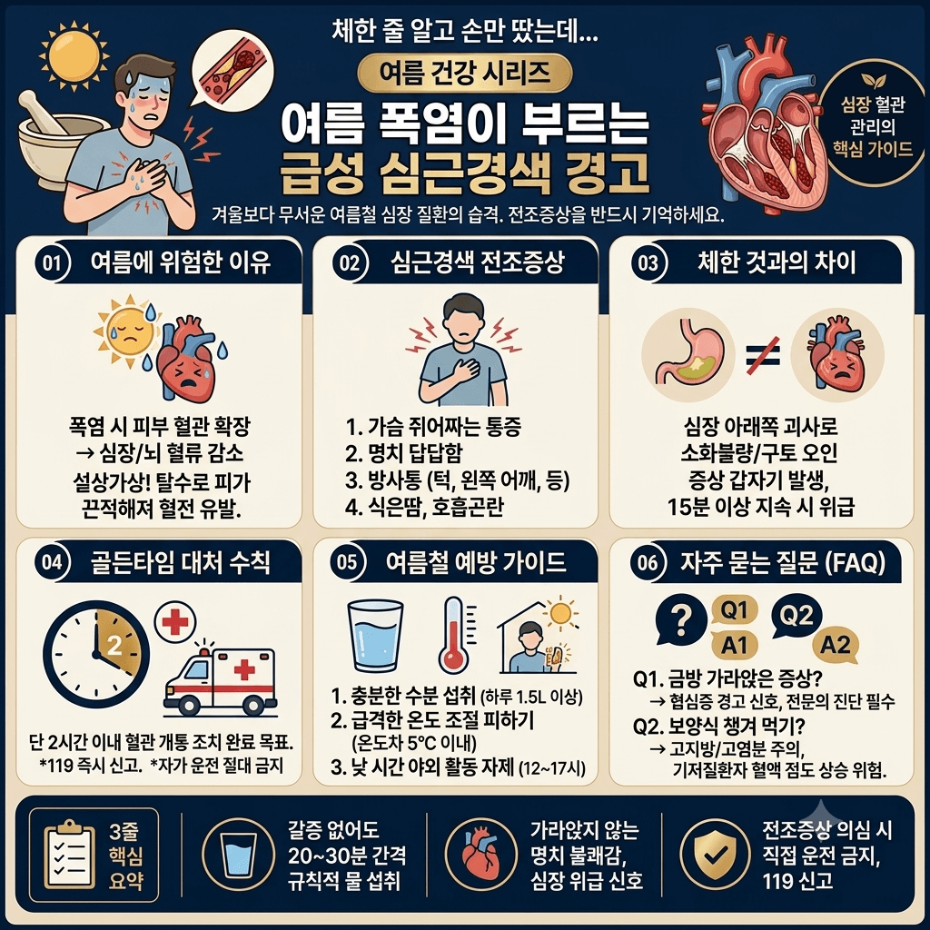 여름철 폭염에 증가하는 급성 심근경색의 주요 전조증상 및 2시간 골든타임 대처법과 예방 수칙 인포그래픽