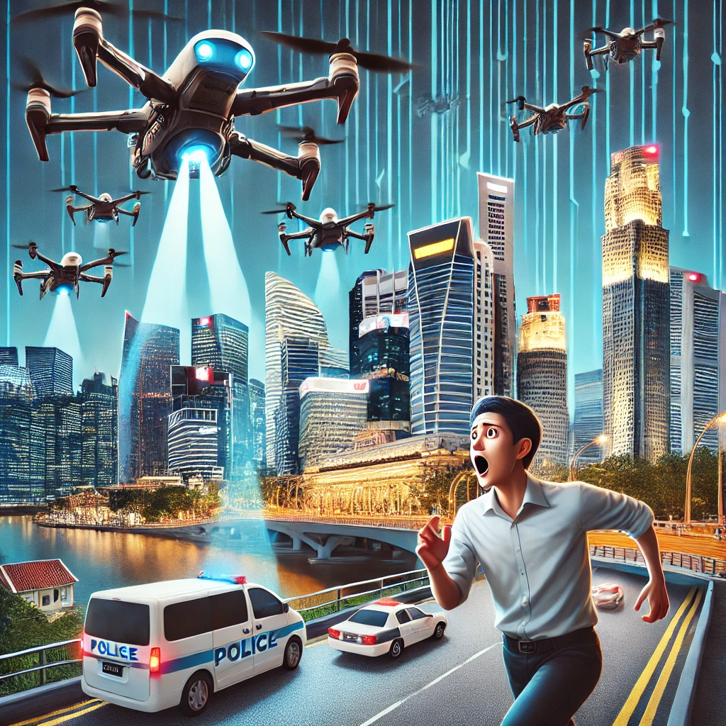 미래 도시에서 경찰 드론이 껌을 씹는 남성을 추격하는 장면.