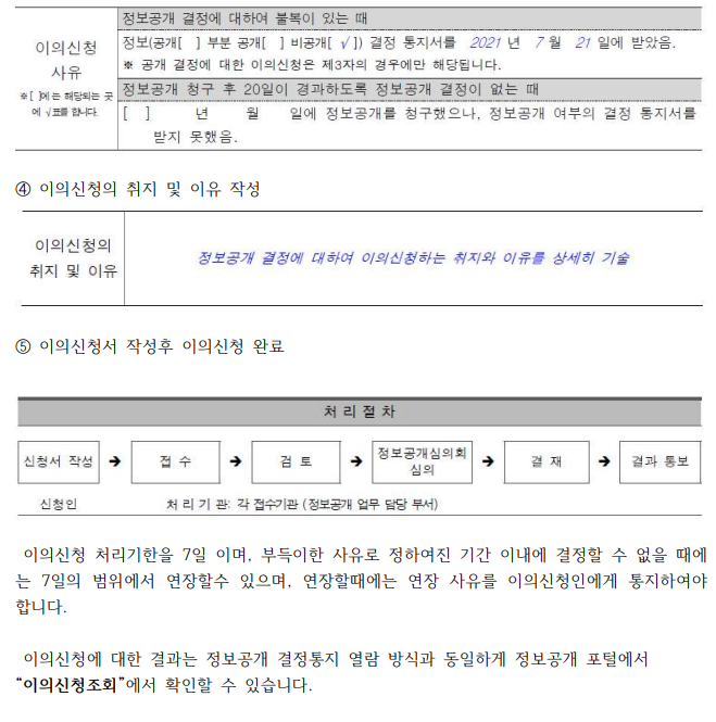 정보공개 이의신청 방법, 이의신청서 양식