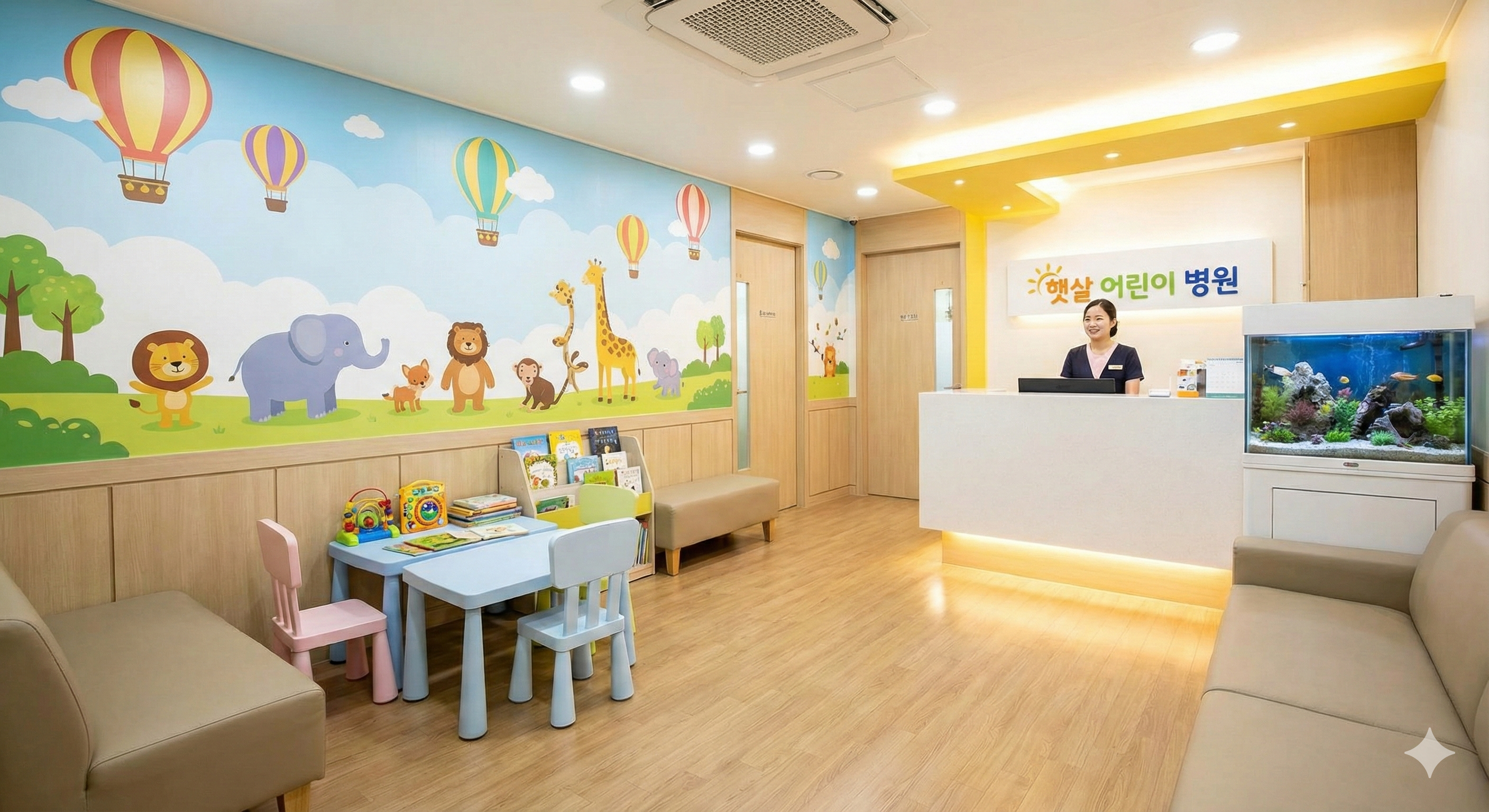 소아과에서 진료받고 있는 아이와 웃고 있는 의사 선생님 일러스트