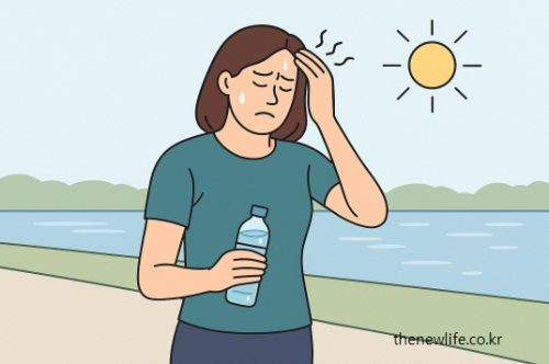A woman holding a water bottle is walking along a river under the hot sun, showing signs of heatstroke such as headache and cold sweat.-강한 햇빛 아래에서 물병을 든 채 두통과 식은땀 증상을 보이는 여성 — 더위 먹었을 때 나타나는 전형적인 증상