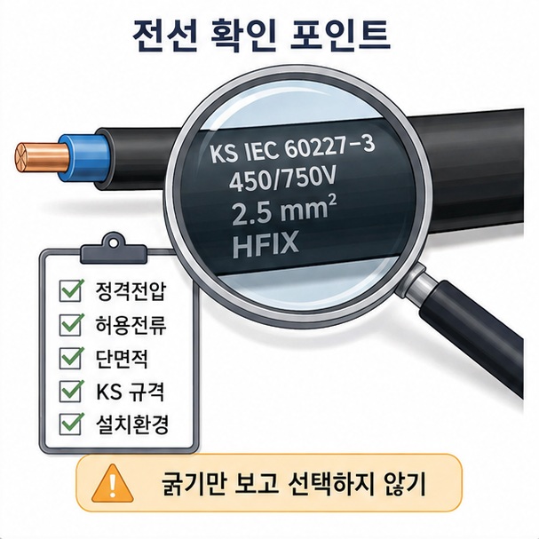 전선을 선택할 때 피복에 표시된 정격전압과 허용전류, 단면적, KS 규격과 설치환경을 함께 확인하는 모습을 보여 주는 그림