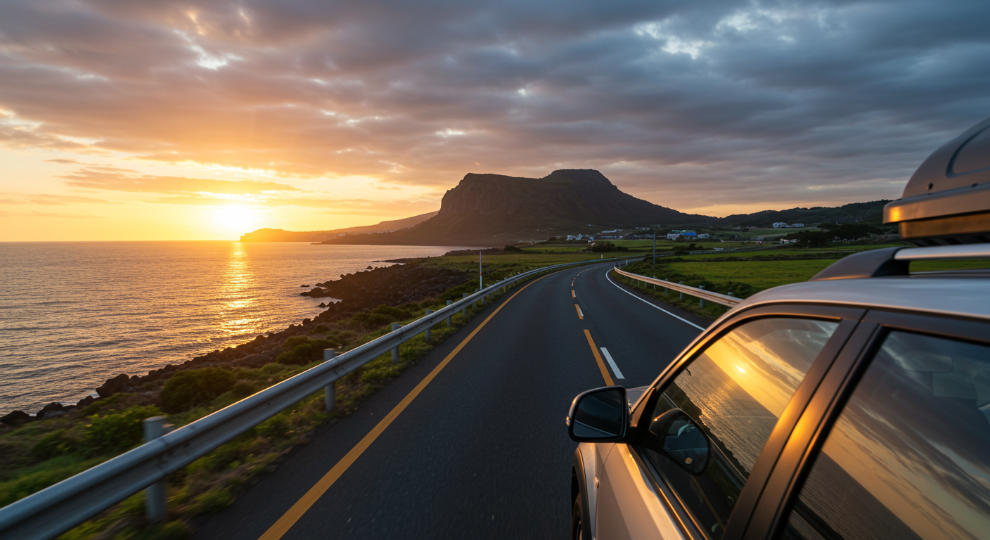 제주 해안도로를 달리며 노을 지는 바다 풍경을 감상하는 드라이브 장면.