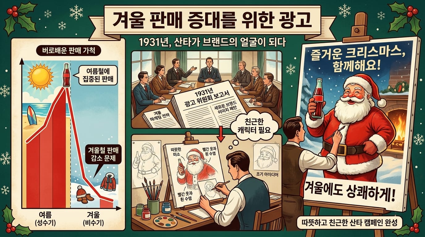 코카콜라 광고가 다양한 산타 이미지를 빨간 옷의 현대적 산타클로스 이미지로 정착시키는 과정을 표현한 대표 이미지