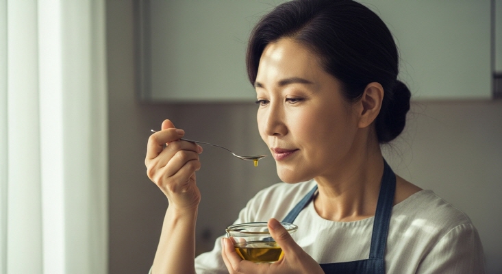 올리브오일을 시향 하는 주부, 향기를 맡는 모습
