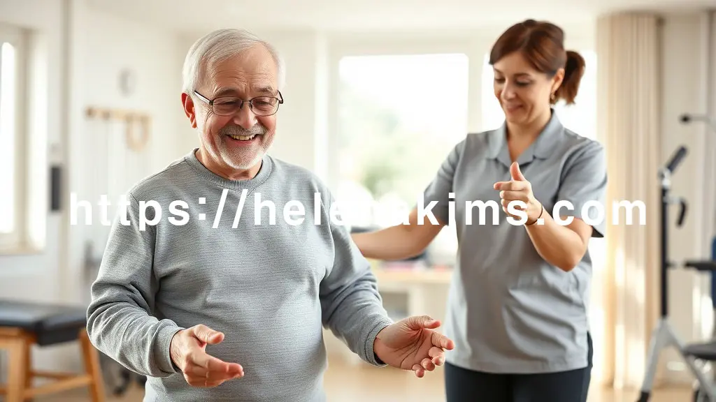 밝고 긍정적인 재활 치료실 배경, 중년 남성 파킨슨병 환자가 전문 물리치료사의 온화한 지도 아래 균형 개선 운동에 집중하고 있는 모습.
