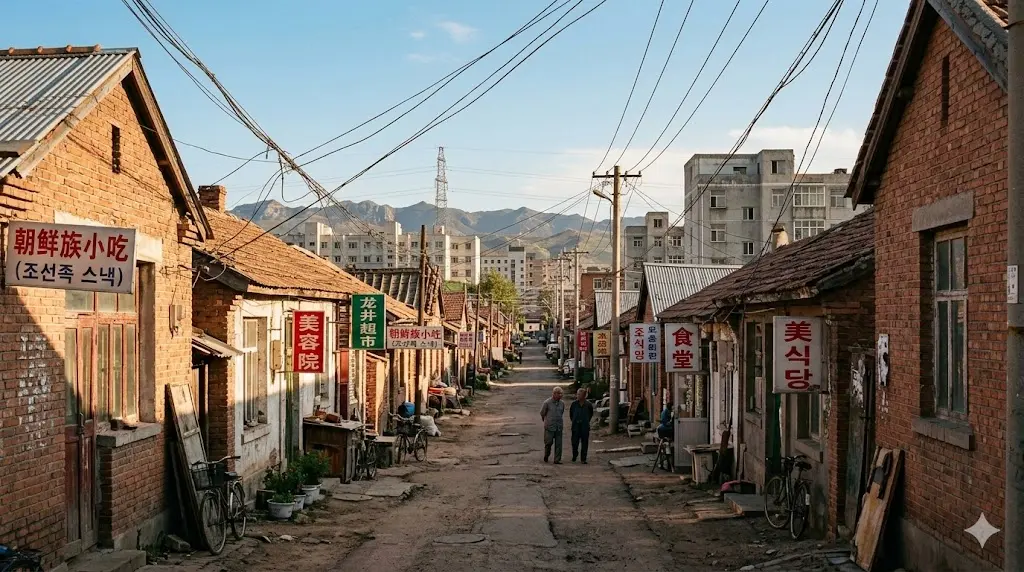 우물가의 아이들 메인 키워드가 포함된 2000년대 초반 연변의 한적한 골목길과 낡은 붉은 벽돌집 풍경