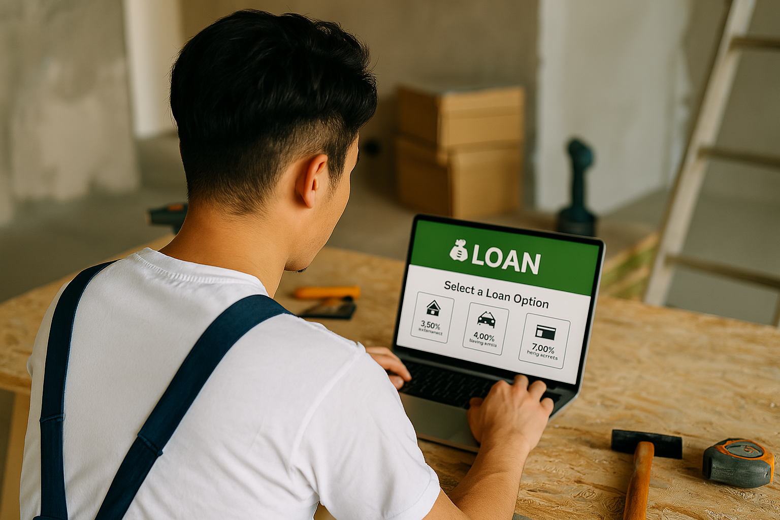 프리랜서 목수가 서면아이파크1단지 내 집 마련을 위해 대출 옵션을 비교하는 노트북 화면을 응시하는 장면, 프리랜서 대출 소득 증빙이 필요한 실제 상황을 시각화한 이미지.