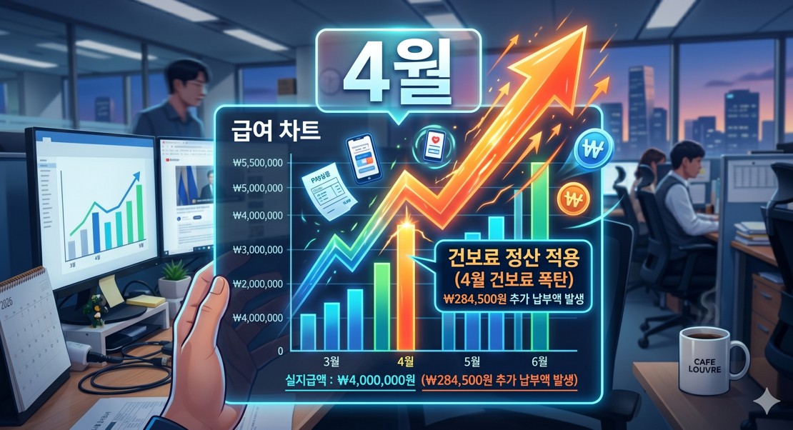 화살표가 위로 솟구치는 급여 차트와 4월이라는 문구