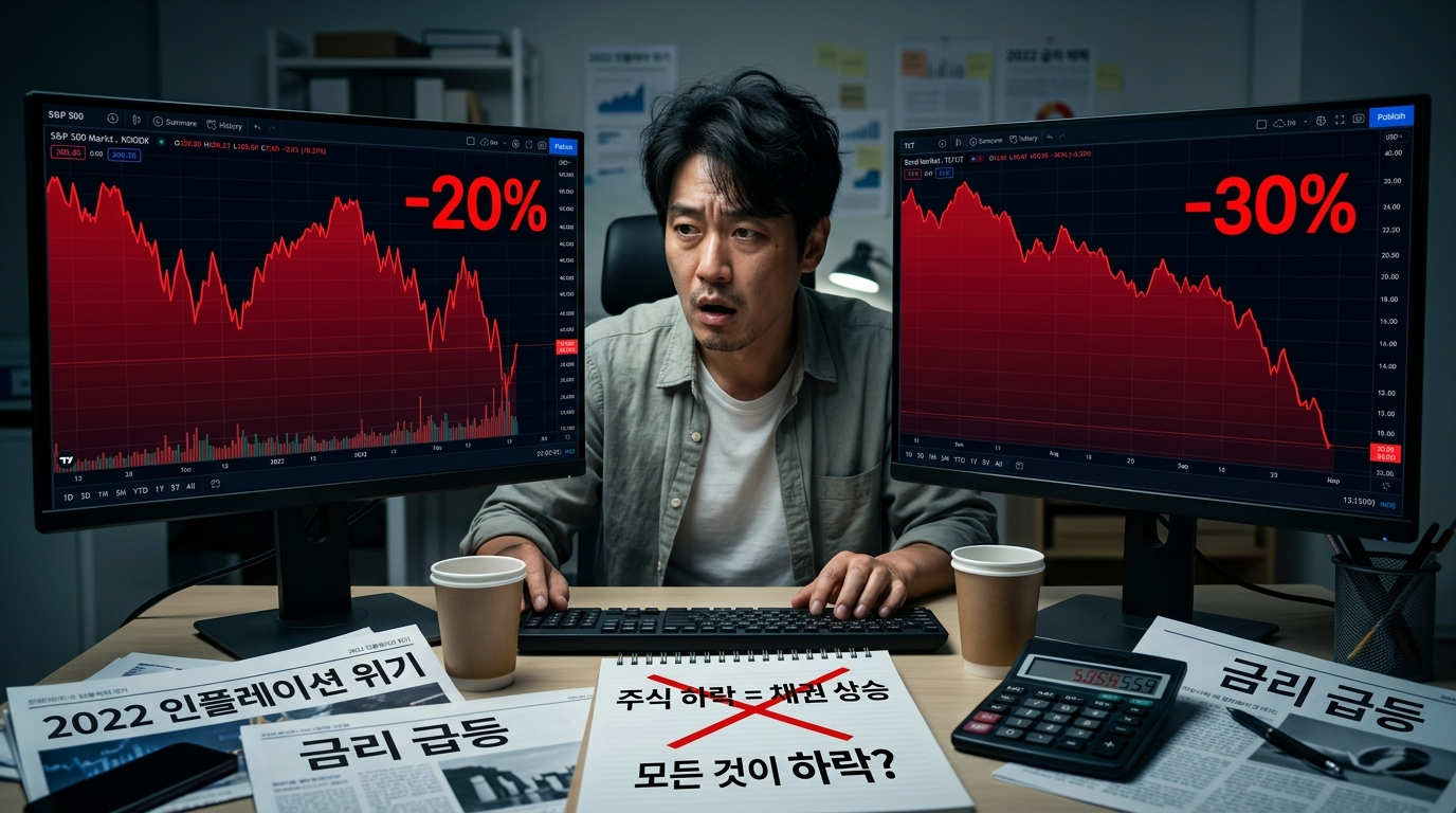 양쪽 화면 모두 주식(-20%)과 채권(-30%)이 동시에 급락하는 빨간 차트