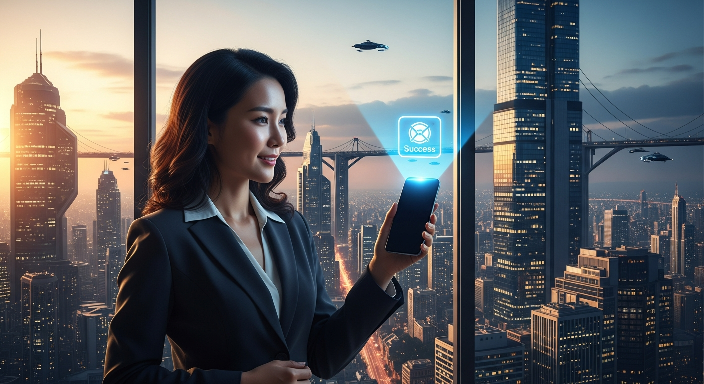 미래지향적인 도시가 내려다보이는 파노라마 창 앞에 서 있는 자신감 넘치는 검은 머리의 젊어 보이는 중년 한국인 여성. 그녀는 미소 지으며 '성공' 홀로그램 아이콘을 투사하는 검은 화면의 스마트폰을 들고 있다.