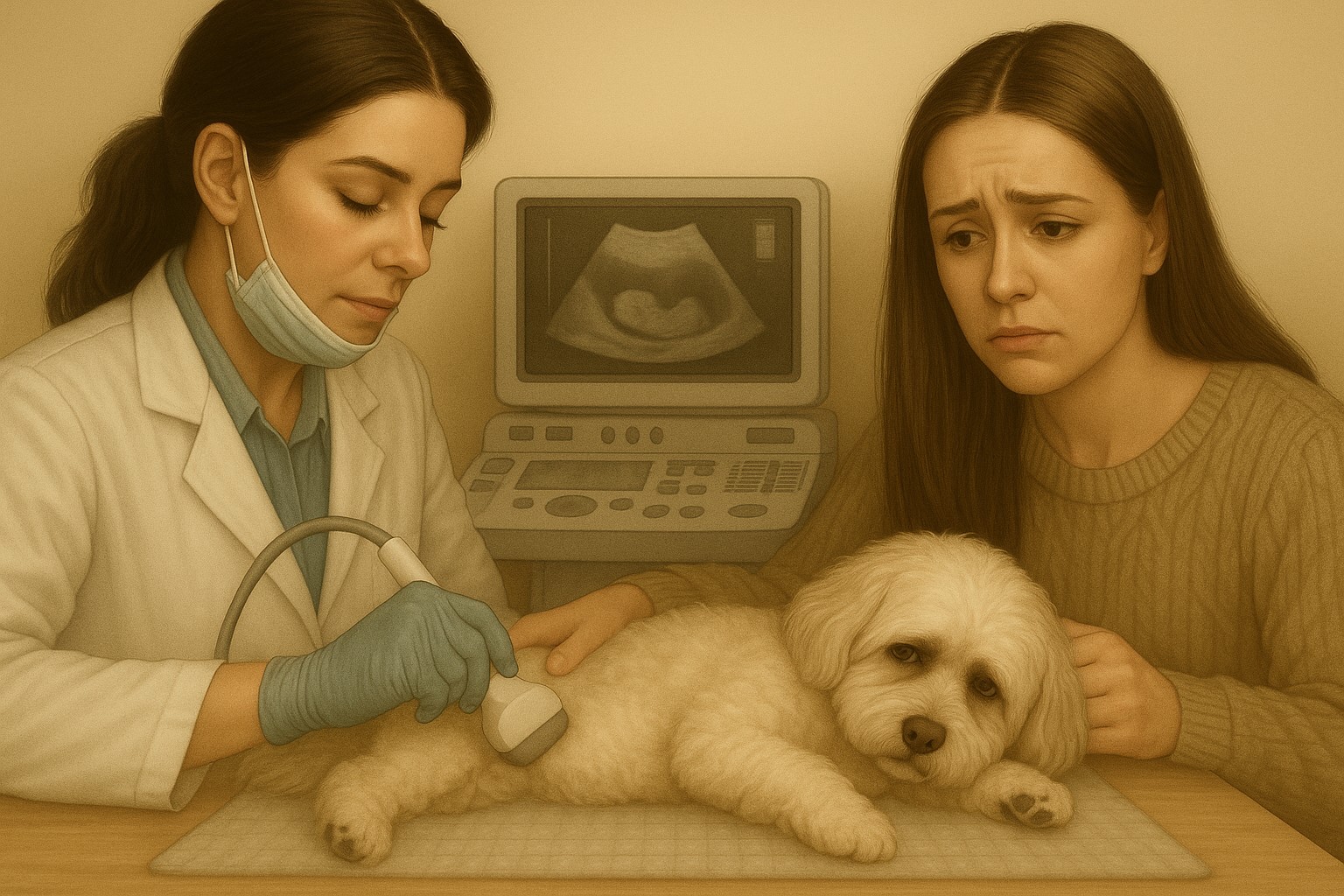 수의사가 초음파 진단하는 장면 (보호자 걱정스러운 표정)
강아지가 옆으로 누워 검사를 받고 있다.