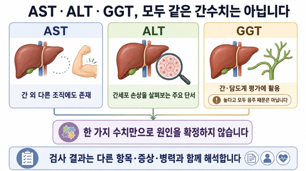 건강검진 간수치 AST ALT 감마지티피 GGT의 의미와 각 검사 수치를 함께 살펴봐야 하는 이유를 설명한 이미지