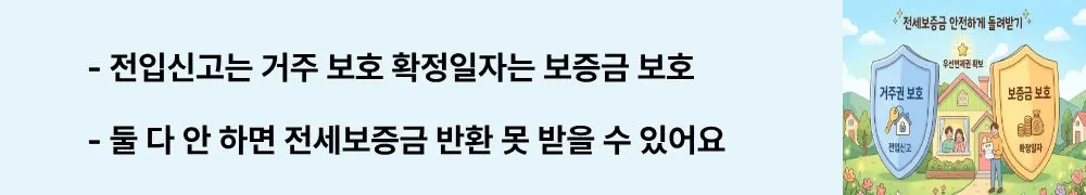 전세보증금 반환: '전입신고는 거주 보호 확정일자는 보증금 보호, 둘 다 안 하면 전세보증금 반환 못 받을 수 있어요'라는 문구가 포함된 웹배너 이미지. 이 이미지는 전입신고와 확정일자의 역할 차이를 시각적으로 전달하며, 블로그의 전세보증금 반환을 위한 필수 절차와 관련된 내용을 설명함