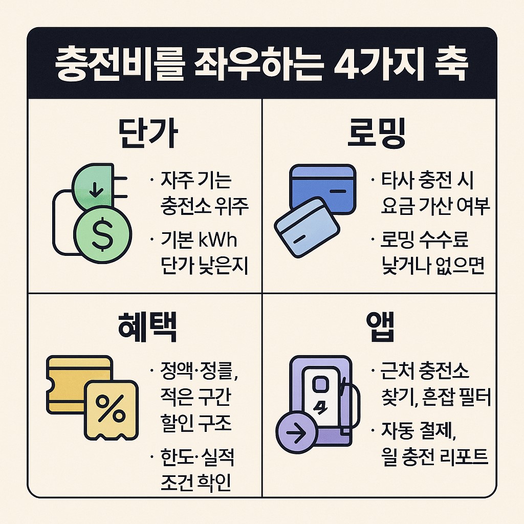 전기차 충전카드 핵심 비교 요약: 단가&middot;로밍&middot;혜택&middot;앱