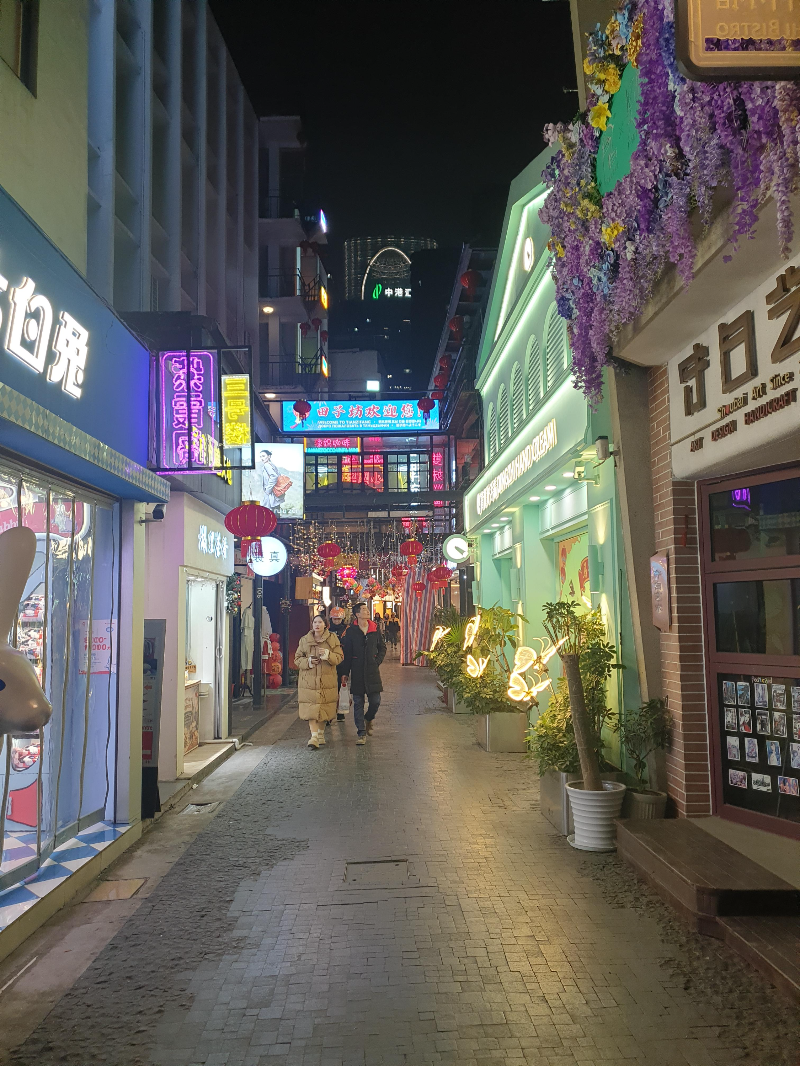 어두운 밤 조명으로 밝은 티엔지팡 거리.