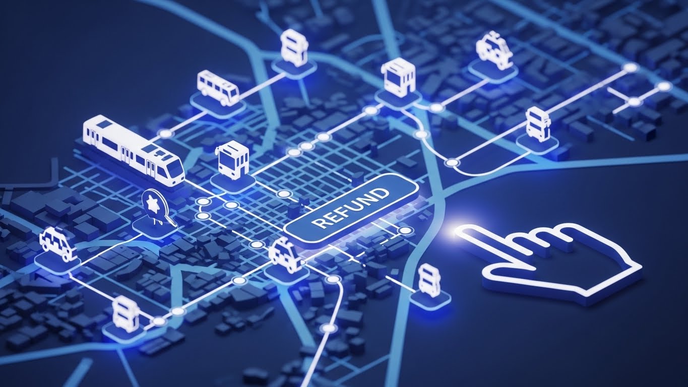 서울시 전역의 지하철과 버스 환급 시스템을 시각화한 스마트 교통 네트워크 3D 일러스트