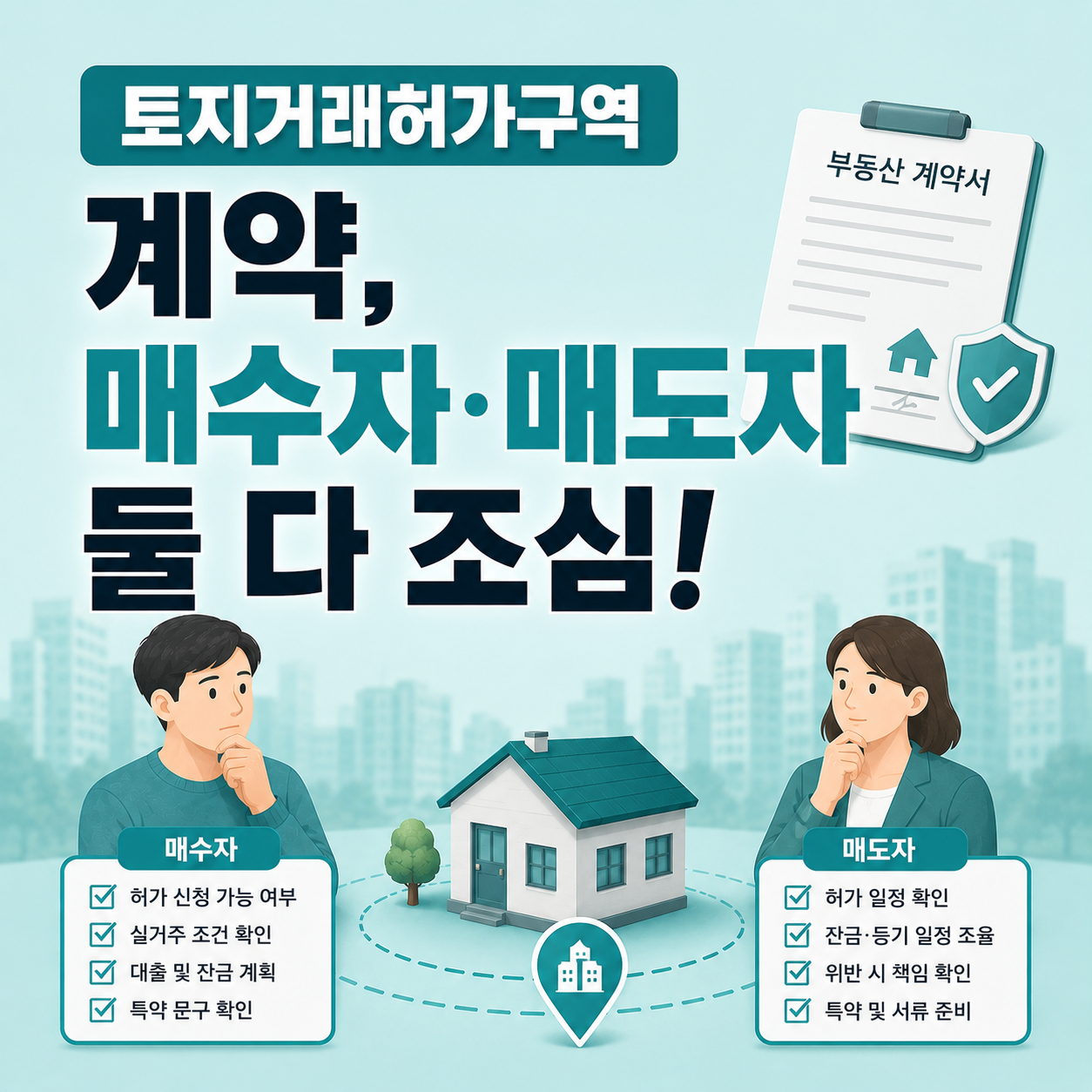 토지거래허가구역 계약 전 매수자와 매도자가 조건을 다시 확인하는 모습