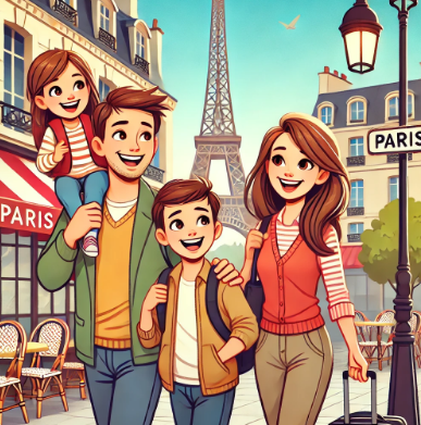 파리여행하는 4인 가족 모습