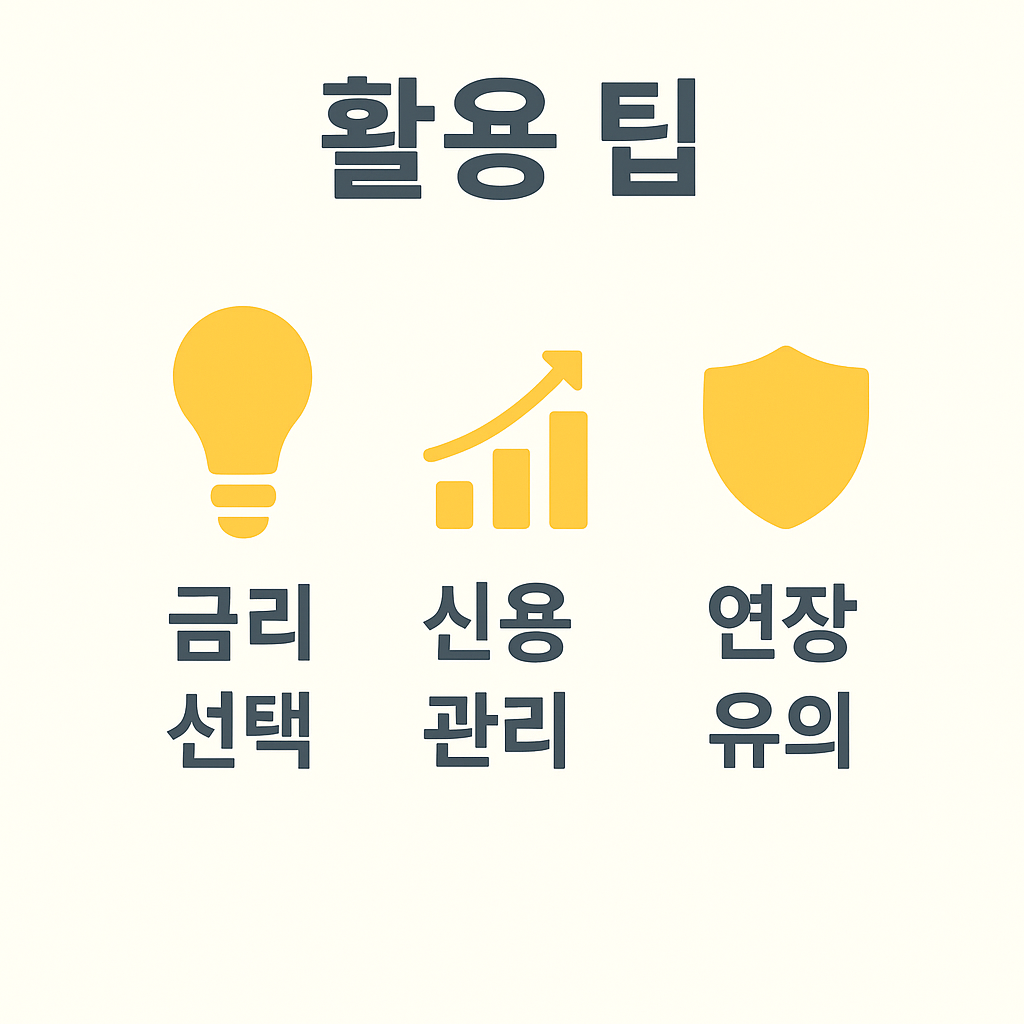 카카오뱅크 비상금대출을 현명하게 활용하기 위한 가이드로 금리 선택, 신용 관리, 연장 시 유의사항을 알려주는 인포그래픽입니다.