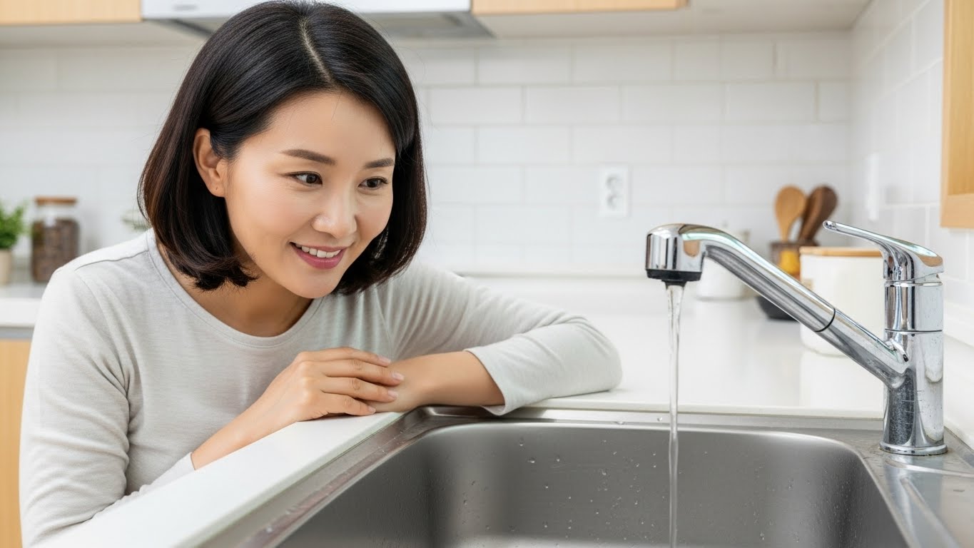 배수구가 뚫여 좋아하는 여성