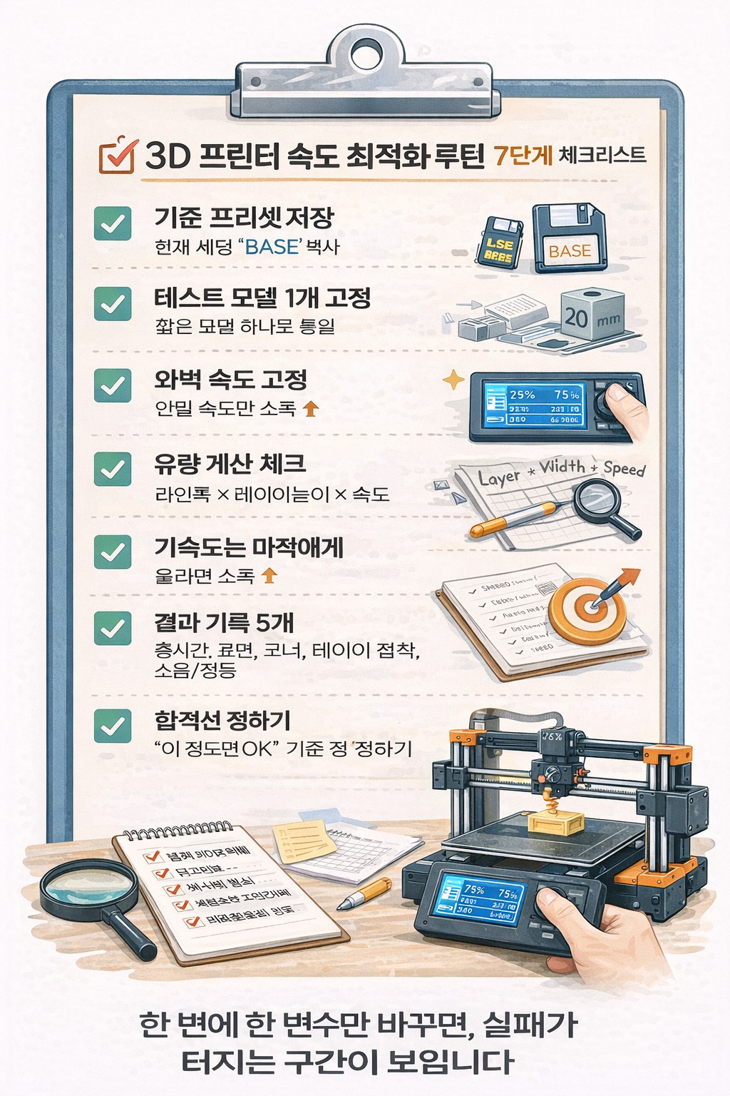 3D 프린터 출력 속도를 올릴 때 실패를 줄이는 7단계 최적화 루틴 체크리스트 이미지