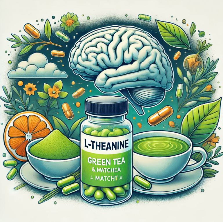 녹차 , 말차 등 L- 테아닌의 공급원과 L- 테아닌 캡슐 한 병 , 차분하고 집중된 뇌를 배경으로 한 그림