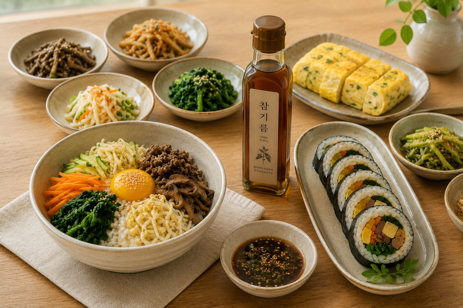 비빔밥, 나물무침, 계란요리, 김밥, 양념장 참기름이 어울리는 음식 한상차림