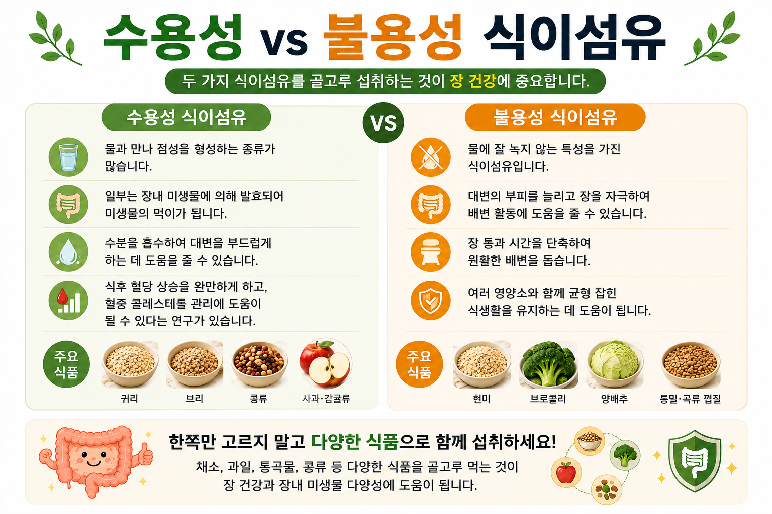 수용성·불용성 식이섬유의 특성과 식품 예시 비교