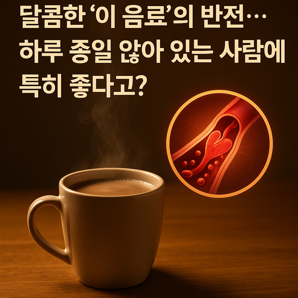 “따뜻한 조명 아래 테이블 위에 김이 나는 코코아 한 잔이 놓여 있고, 혈관 건강을 상징하는 심장 그래픽과 플라바놀의 효능을 강조하는 건강 기사형 썸네일 이미지”