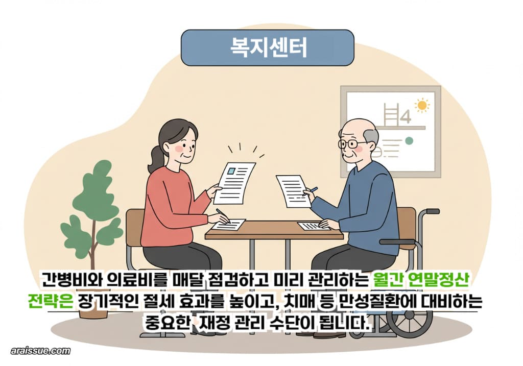 고령 남성이 지역 복지센터에서 간병비와 의료비 지출 점검 및 연말정산 전략을 상담하는 장면으로, 장기적인 간병비 관리가 절세에 어떻게 효과적인지 설명하는 내용입니다.