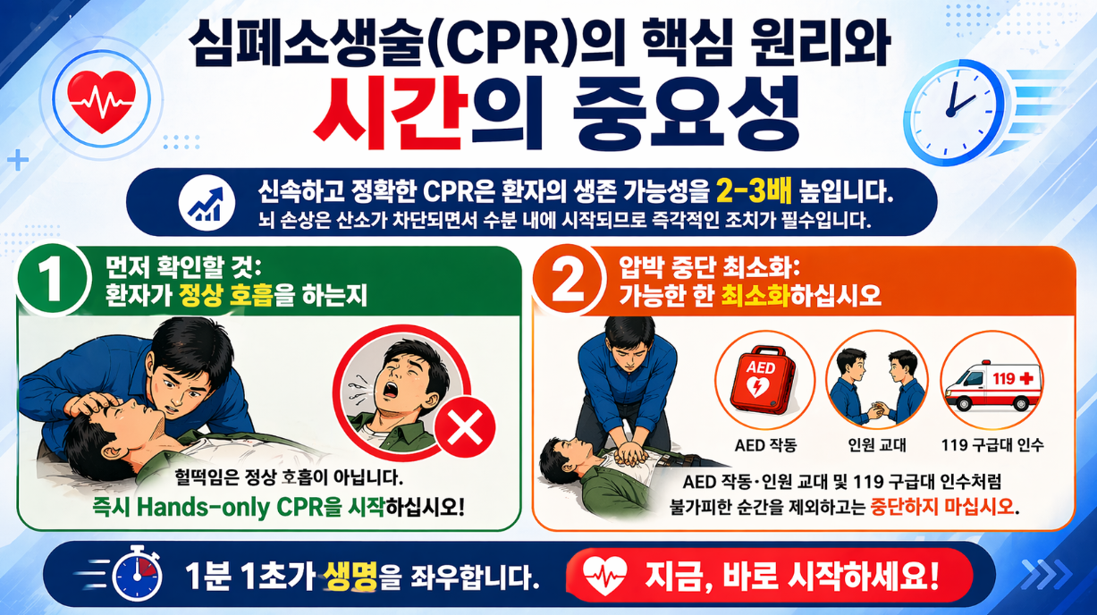심폐소생술(CPR)의 중요성과 시간 지연 위험, 신속한 압박 필요성 설명