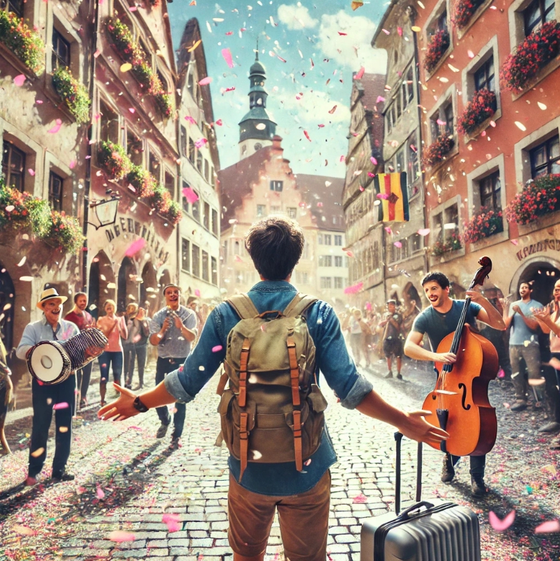 이 장면은 그림 같은 유럽 도시에서 혼자 여행하는 여행자가 활기찬 거리 축제를 우연히 마주치는 모습을 담고 있습니다. 여행자는 색종이 조각이 공기를 채우고, 음악가들이 배경에서 연주하며 현지인들이 따뜻하게 환영하자 놀라움과 기쁨을 감추지 못합니다