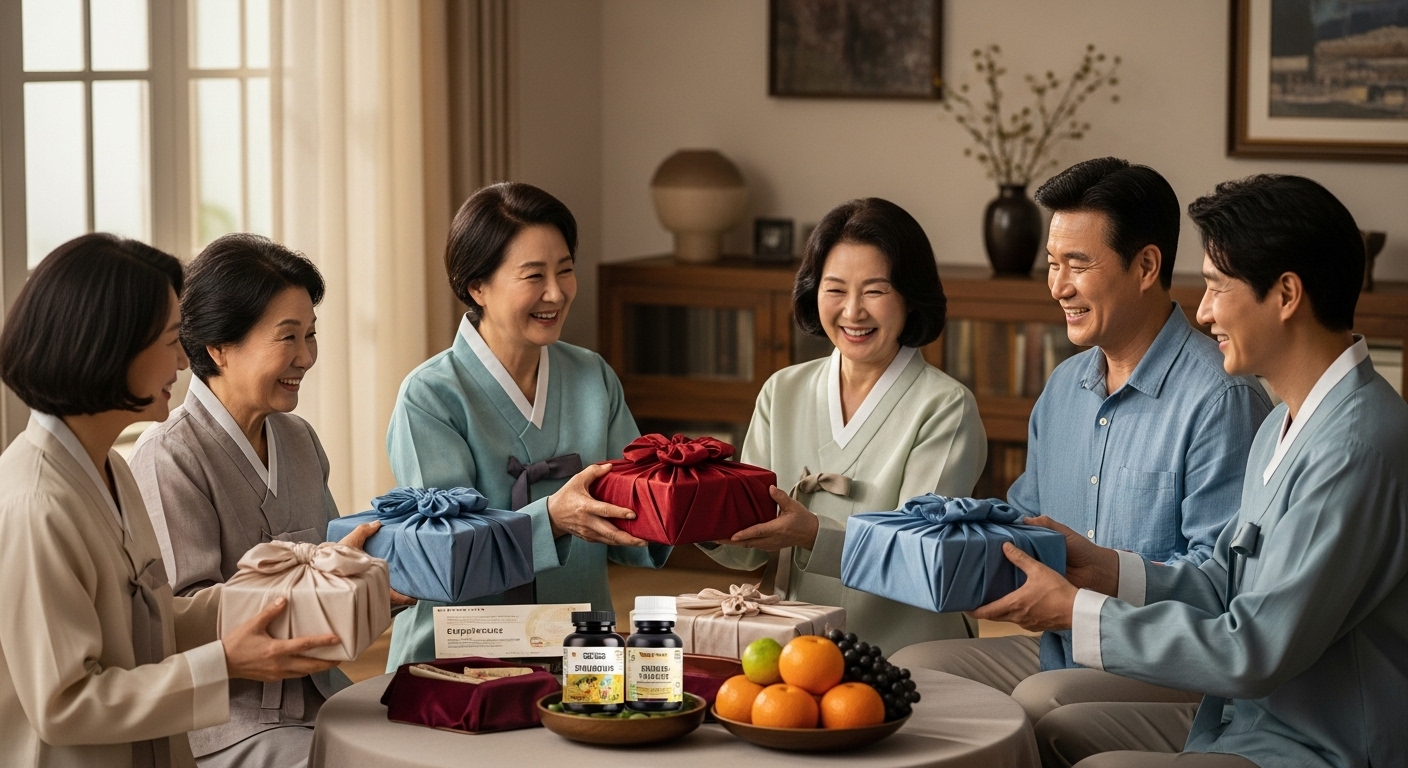 2025년 추석, 가족들이 모여 따뜻하게 선물을 주고받는 모습. 건강식품, 고급 과일 등 정성스러운 부모님 선물이 강조된 행복한 명절 풍경.