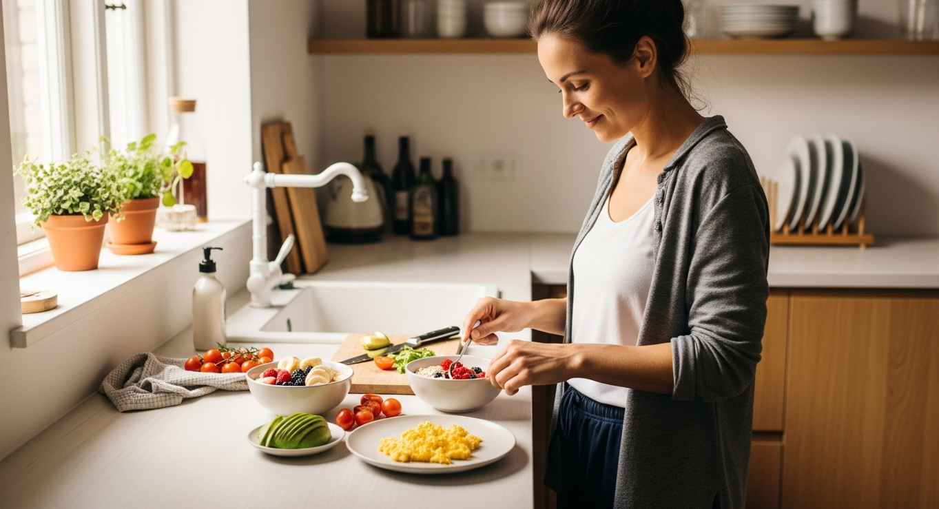 한 여성이 건강한 식사를 준비하고 있다