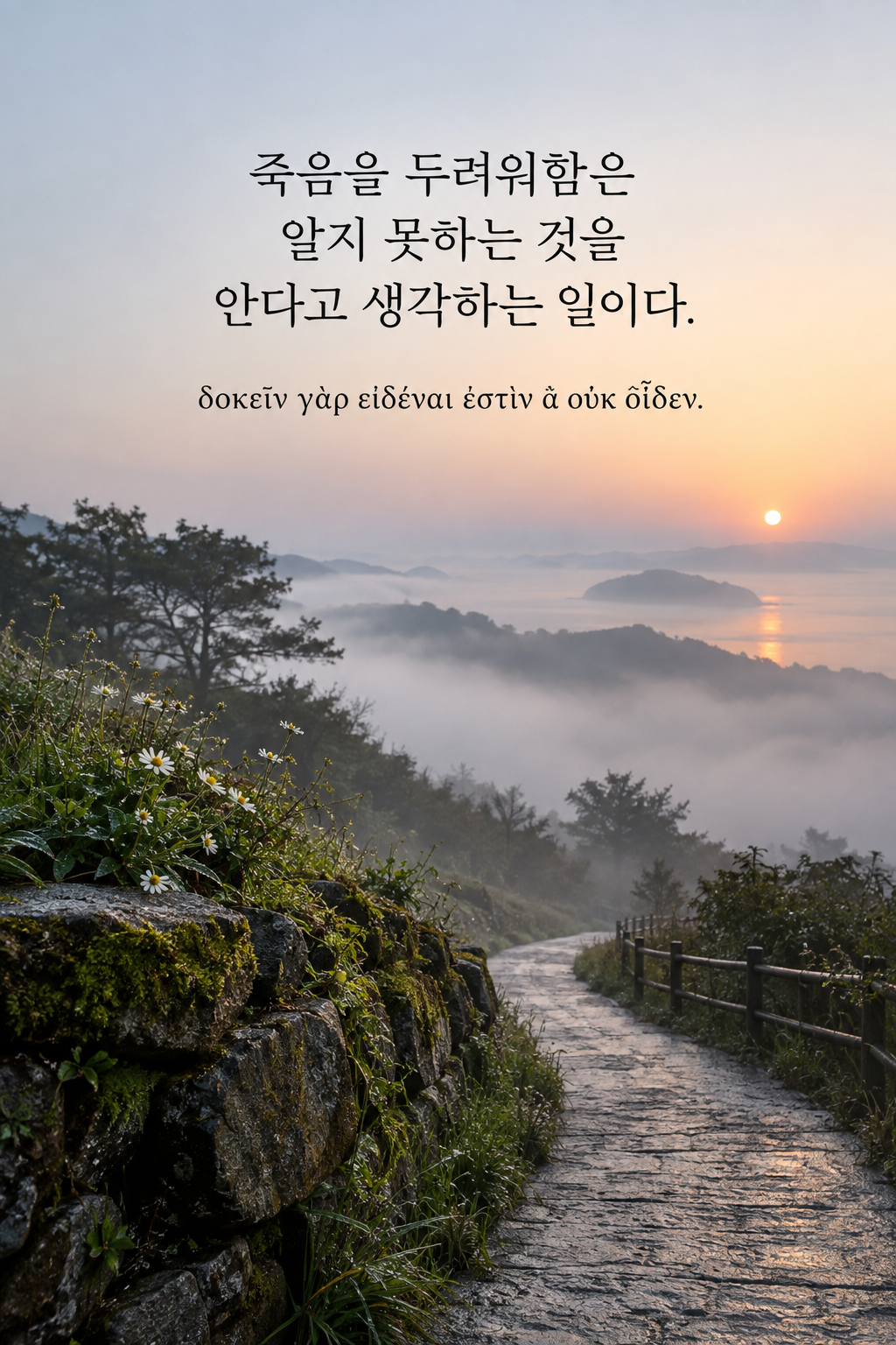 소크라테스 명언 6 &mdash; 죽음을 두려워함은 알지 못하는 것을 안다고 생각하는 일이다. &mdash; 새벽 안개 속 굽은 길