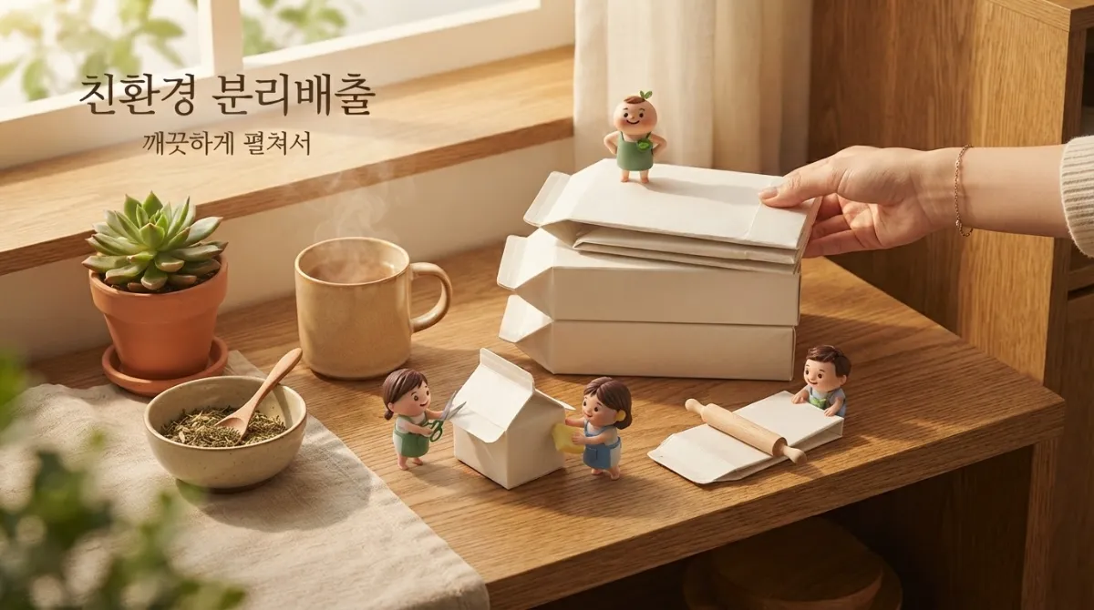 깨끗하게 씻어서 펼쳐 놓은 우유팩들을 나무 선반 위에 가지런히 정리해 두어 화장지와 고급 냅킨으로 재활용할 수 있도록 준비한 친환경 일상 풍경. 작은 미니미 캐릭터들이 가위와 롤링핀으로 분리수거를 돕는 모습