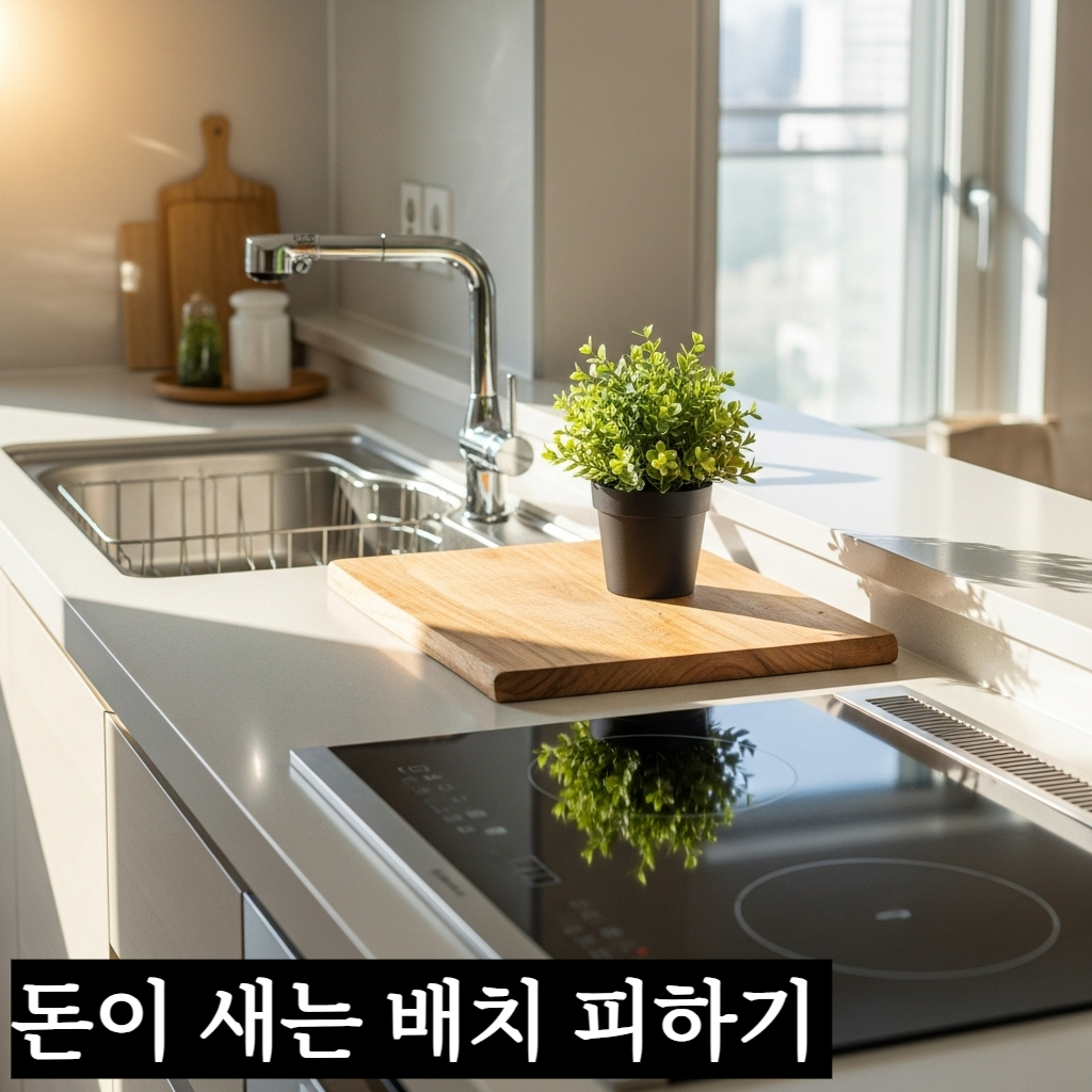 가스렌지와 개수대 사이의 조리대에 나무 도마와 작은 초록색 관엽 식물 화분이 놓여 있어 풍수적으로 조화를 이룬 깨끗하고 밝은 현대적 주방 인테리어 모습