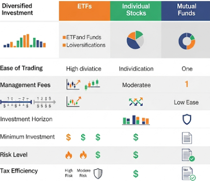 ETF, 개별 주식, 펀드의 특징을 비교하는 표를 시각적으로 보여주는 다이어그램. '분산 투자', '거래 용이성', '운용 보수' 등의 키워드가 그래프 형태로 표현