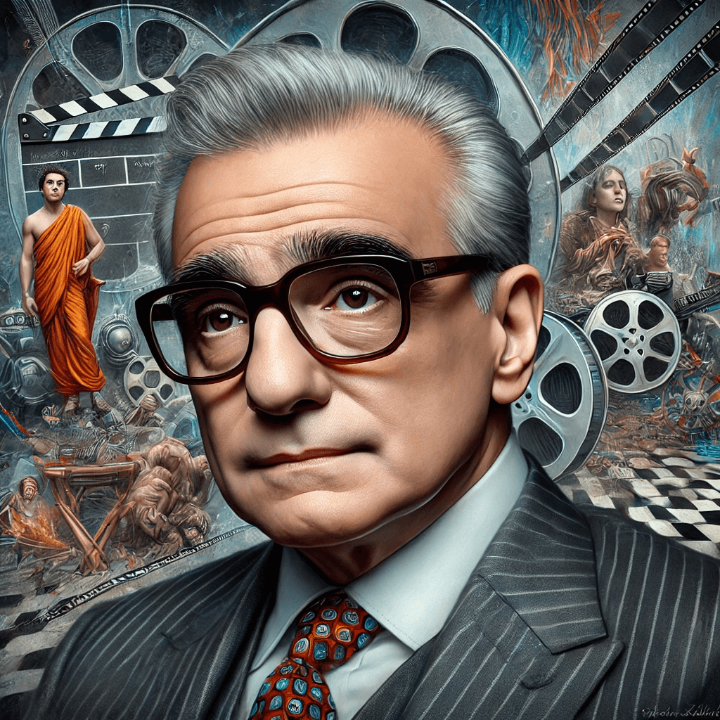 마틴 스콜세지 의 초상 안경을 쓰고있는 60대의 남자가 앞을 쳐다보고 있다 뒤로는 영화 작품들의 그림들이 그려져있다.