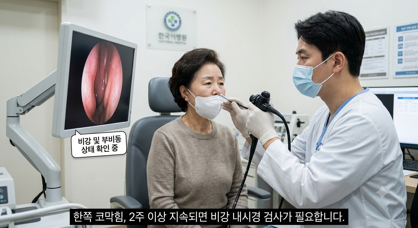 한쪽 코막힘, 2주 이상 지속되면 비강 내시경 검사가 피요합니다.